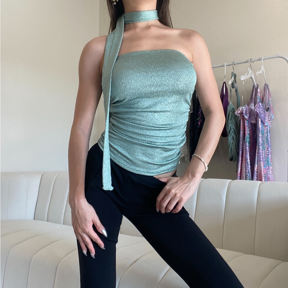 90s sparkly Green Top with Scarf